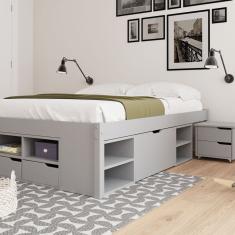 Cama Casal Multifuncional Madeira Maciça 6 Gavetas Charme Cool Grey