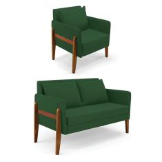 Kit 1 Sofá Namoradeira E 1 Poltrona Lana Veludo Verde Base De Madeira - D`rossi