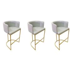 Banqueta Alta Decorativa Luxo Zoe Tecido Bouclé Base De Metal Dourado 