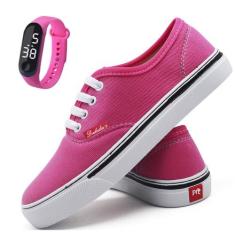 Tênis Feminino Casual Cano Baixo Leve Rosa com Relógio Digital - Polo 