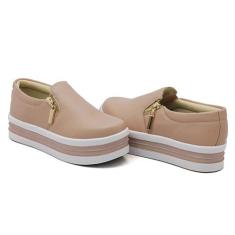 Tênis Slip On Liso com Zíper Lateral Amanda Block Solado Alto em Borra