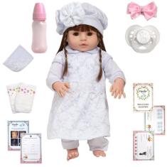 Boneca Reborn Bonita Cabelo Longo Toda de Silicone 13 Itens - Cegonha 