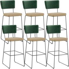 Kit 06 Banquetas Altas Facto Verde Musgo Linho Bege Escuro