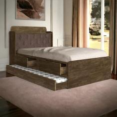 Cama Tamires Baú Castanho Com Auxiliar E Capitonê Nogal