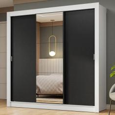 Guarda-Roupa Casal 3 Portas de Correr com Espelho Branco/Preto Nobre M