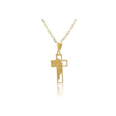 Colar Com Pingente De Cruz E Face De Jesus Folheado Em Ouro 18k