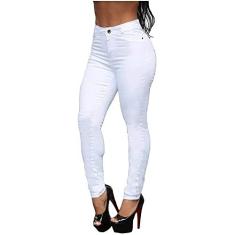 Calça Jeans Feminina Hot Pants Cintura Alta (Branco, 38)