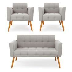 Kit 1 Sofá Namoradeira E 2 Poltronas Elisa Veludo Cinza Pés Palito Castanho