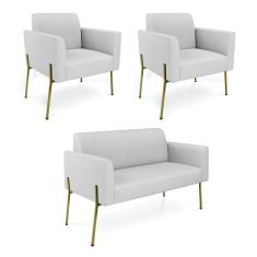 Sofá Namoradeira e 2 Poltronas Pé de Ferro Dourado Marisa Linho Cinza D03 - D`Rossi