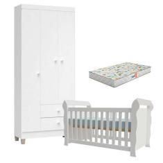 Berço Americano Lara com Colchão Gazin e Guarda Roupa Ternura Baby 3 Portas Branco Brilho Flex - Incorplac
