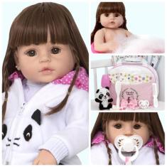 Boneca Bebê Menina Panda Reborn Silicone Pode Banho 19 Itens - Cegonha