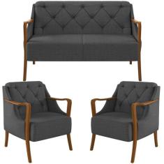 Kit Sofá 02 Lugares Sala Estar 135cm Com 02 Poltronas Coral Pés Madeir