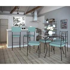 Conjunto Sala de Jantar Mesa Tampo Vidro com 4 Cadeiras e 2 Banquetas Malu Vintage Espresso Móveis Azul