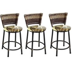 Kit 3 Banquetas Baixas Preta com Encosto Junco Capuccino Assento Floral Marrom