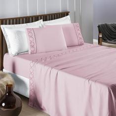 Jogo De Lençol Bordado Titanium Queen 4 Peças Barato - Rosa - Casa Sho