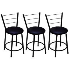 Kit 3 Banquetas Baixas Preta com Encosto Assento Preto