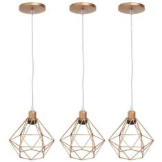Kit 3 Pendente Aramado Diamante Luminárias Lustre Cabo Cristal P Teto 