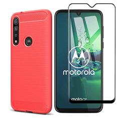 Kit Danet Capa Capinha Anti Impacto Para Motorola Moto G8 Plus Tela 6.3Case Com Desenho Fibra De Carbono E Película De Vidro Temperado 3d Full Cover (Vermelho)