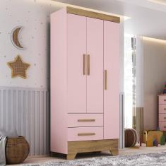 Guarda Roupa Infantil 3 Portas e 2 Gavetas Tic Tac Rosa Fosco/Marrom