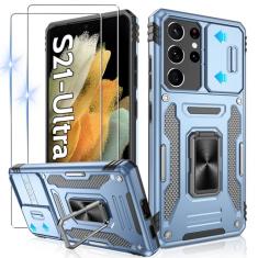 Gritup Capa ultrafina para Galaxy-S21 com capa deslizante para câmera + [2 protetores de tela HD], suporte giratório de metal 360°, capa protetora à prova de choque de grau militar para Samsung S21