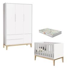Berço Americano e Guarda Roupa 3 Portas New Classic Branco com Pés Mad