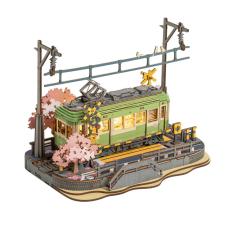 Quebra-cabeças 3D robotime Sakura Journey Tram com luz LED de madeira