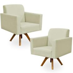Kit 02 Poltronas Decorativas Giratória Madeira Sala Estar Helô Linho B