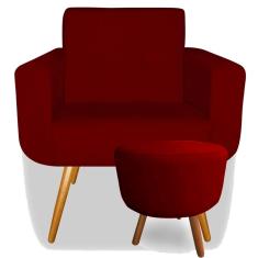 Kit Poltrona Decorativa Anitta com Puff Redondo Pés Madeira Suede Marsala