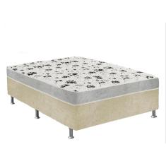 Cama Box Casal Suede Bege + Colchão Casal Suede Cinza Orto Molas Ensacada 138x188x55