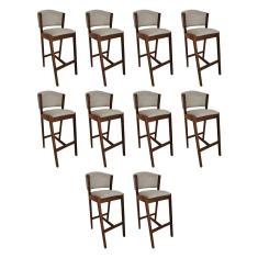 Kit 10 Banquetas Alta De Madeira Maciça Natural Premium Ana Com Encosto Linho Bege