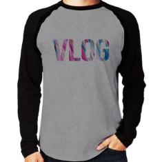 Camiseta Raglan Vlog Manga Longa - Foca na Moda, Cinza, Preto, GG