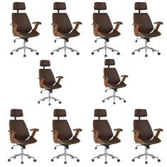 Kit 10 Cadeiras de Escritório Presidente Giratória com Apoia Cabeça Office Lisboa Marrom
