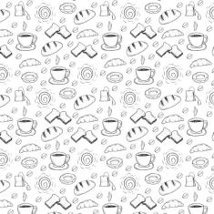 Papel De Parede Branco E Desenhos Preto Chá Pão Café Rosca