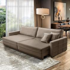 Sofá Cama Retrátil e Reclinável 2,30m com Molas Karen Veludo Cappuccino Adonai Estofados