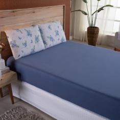 Lençol Queen Malha fio Penteado Algodão 3 Peças - Azul