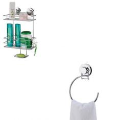 Kit Porta Shampoo E Sabonete + Toalheiro Argola 18cm Ventosa - Vip Cap