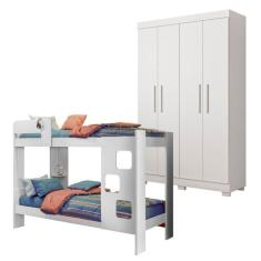 Quarto Infantil/Juvenil com Beliche Vegas e Guarda Roupa 4 Portas 3 Gavetas Flórida 100% MDF  Branco