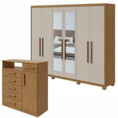 Conjunto de Guarda-Roupa Áries com espelho e pés e Cômoda Da Vinci Amêndoa Clean/Off White