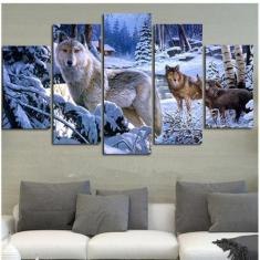 Quadros Decorativos 5 Peças Lobos Na Paisagem Montanhas - KYME