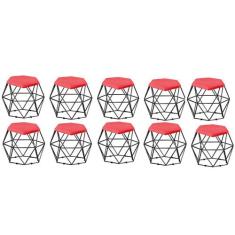 Kit 10 Puff Banqueta Aramado Mila Base Preta Hexágono Suede Vermelho -