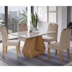 Conjunto Sala De Jantar Retangular130x80 Tampo Mdf/vidro 4 Cadeiras Cimol Nature/off White/nude