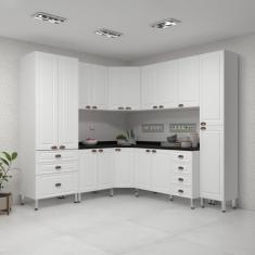 Armário De Cozinha Completa 8 Peças Com Tampos Cristal Luciane Móveis Branco Polar Com Branco Pet E Preto