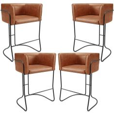 Kit 04 Banquetas Baixa Base de Aço Preto Betina D02 Couríssimo Camel B-14 - Lyam Decor