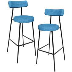 Kit 02 Banquetas Alta Bar Cozinha Sala de Jantar Estrutura em Aço Milão L02 Linho Azul - Lyam Decor