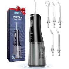 Onlyone Irrigador bucal portátil de 300 ml para dentes, 4 modos e 5 pontas de jato, limpador de irrigação recarregável, fio dental elétrico e acessórios de irrigador preto