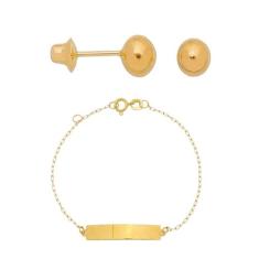 Pulseira Infantil Chapinha Com Brinco Bola 4mm Ouro 18k - Aea Joias