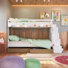 Beliche Infantil com Escada Nichos Gavetas Laterais e Gavetões Inferiores Branco/Aveiro Oak