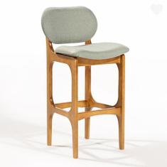 Banqueta Alta Rafine Madeira Maciça Castanho Linho Verde - Rafine Deco