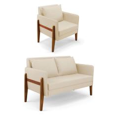 Kit 1 Sofá Namoradeira e 1 Poltrona Lana Linho Base de Madeira - D`Rossi