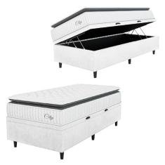Cama Box Baú Colchão Solteiro Molas Ensacadas City Pillow Top 88x188x64cm Linho Hellen - Suporta até 110kg por Pessoa (Branco/Preto)